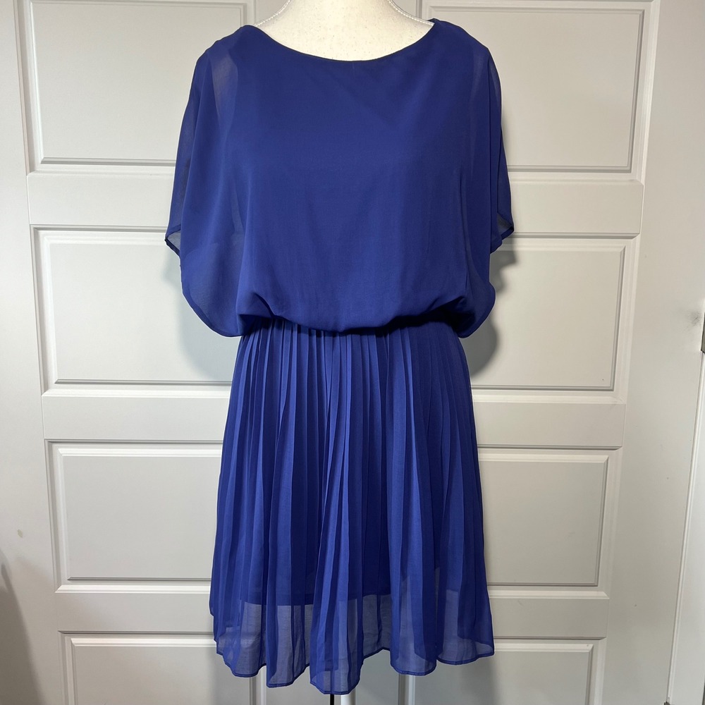 Urban Outfitters Lush Chic Blue Flowy Chiffon Pleated Midi Dress Dolman Sleeve M